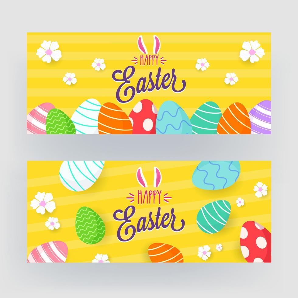 Happy Easter Font with Bunny Ear, Flowers and Printed Eggs Decorated on Yellow Strip Background in Two Option. vector