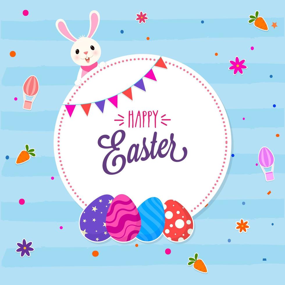 Calligraphy Happy Easter Text in Circular Frame with Sticker Style Printed Eggs, Carrots, Hot Air Balloons, Flowers and Cute Bunny on Blue Striped Background. vector