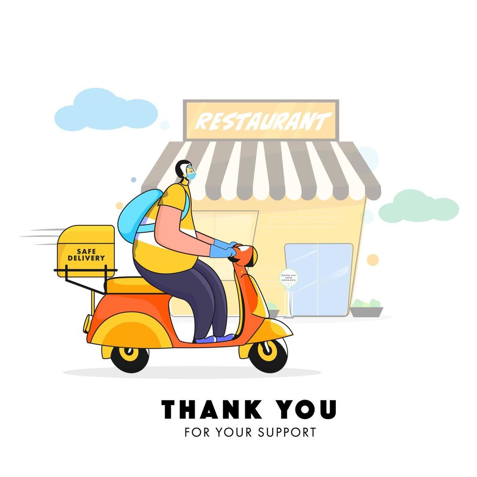 Thank You for Your Support Text with Delivery Boy Riding Scooter and Restaurant Illustration on White Background. vector