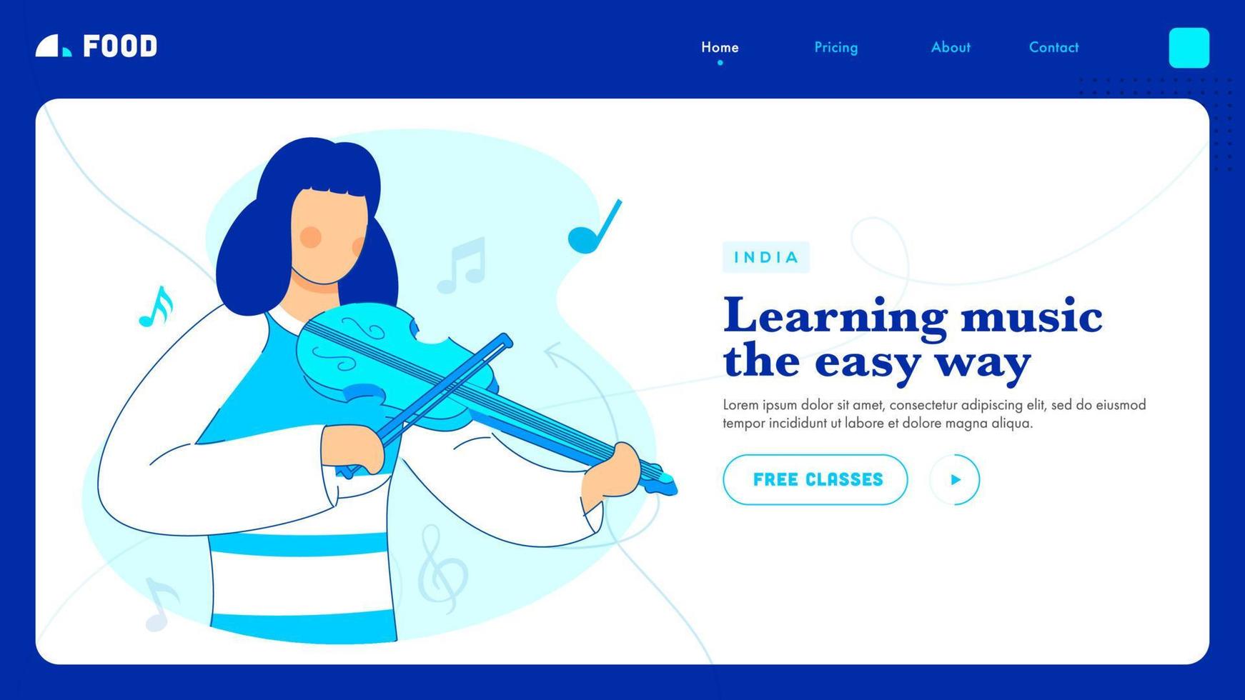 aprendizaje música el fácil camino aterrizaje página diseño con dibujos animados joven niña jugando guitarra en blanco antecedentes. vector