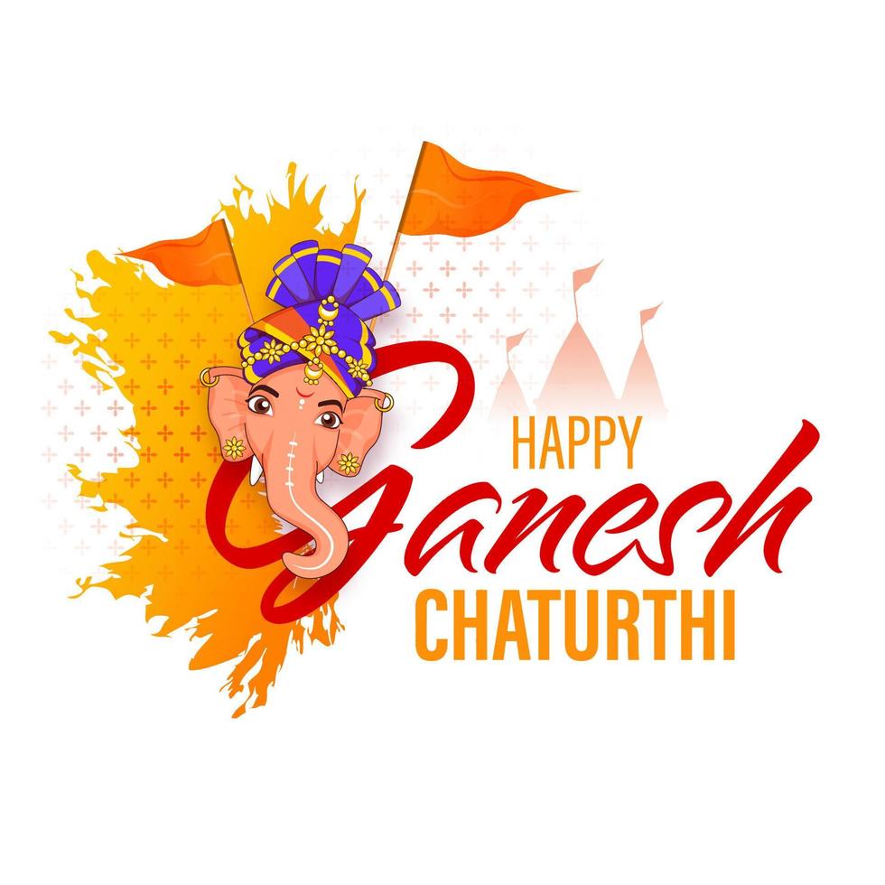 contento ganesh chaturthi fuente con señor ganpati rostro, banderas, silueta templo y amarillo cepillo efecto en blanco antecedentes. vector