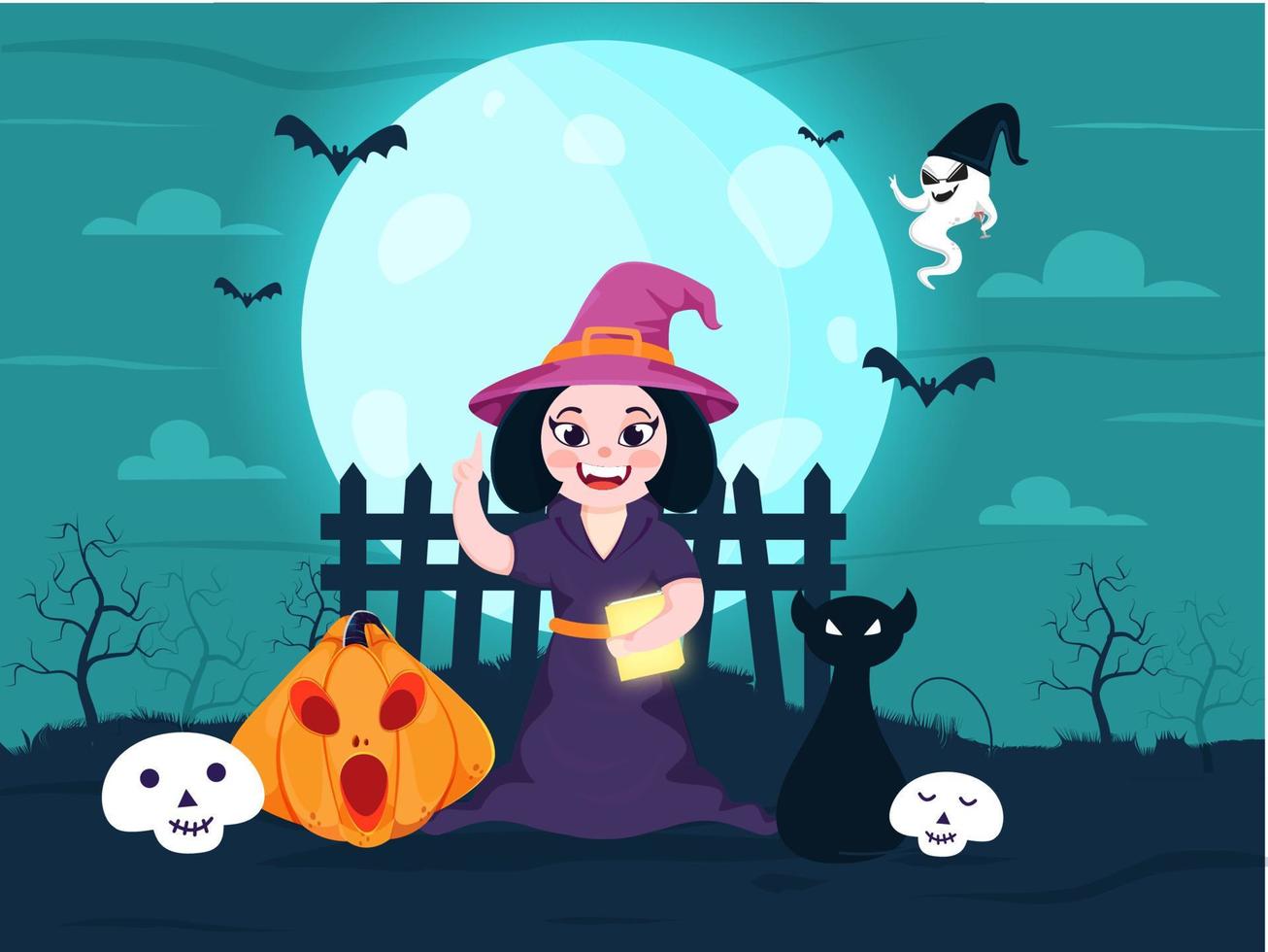 Cheerful Witch Holding Book with Point Index Finger, Jack-O-Lantern, Skulls, Scary Cat, Cartoon Ghost and Bats Fly on Full Moon Teal Background. vector