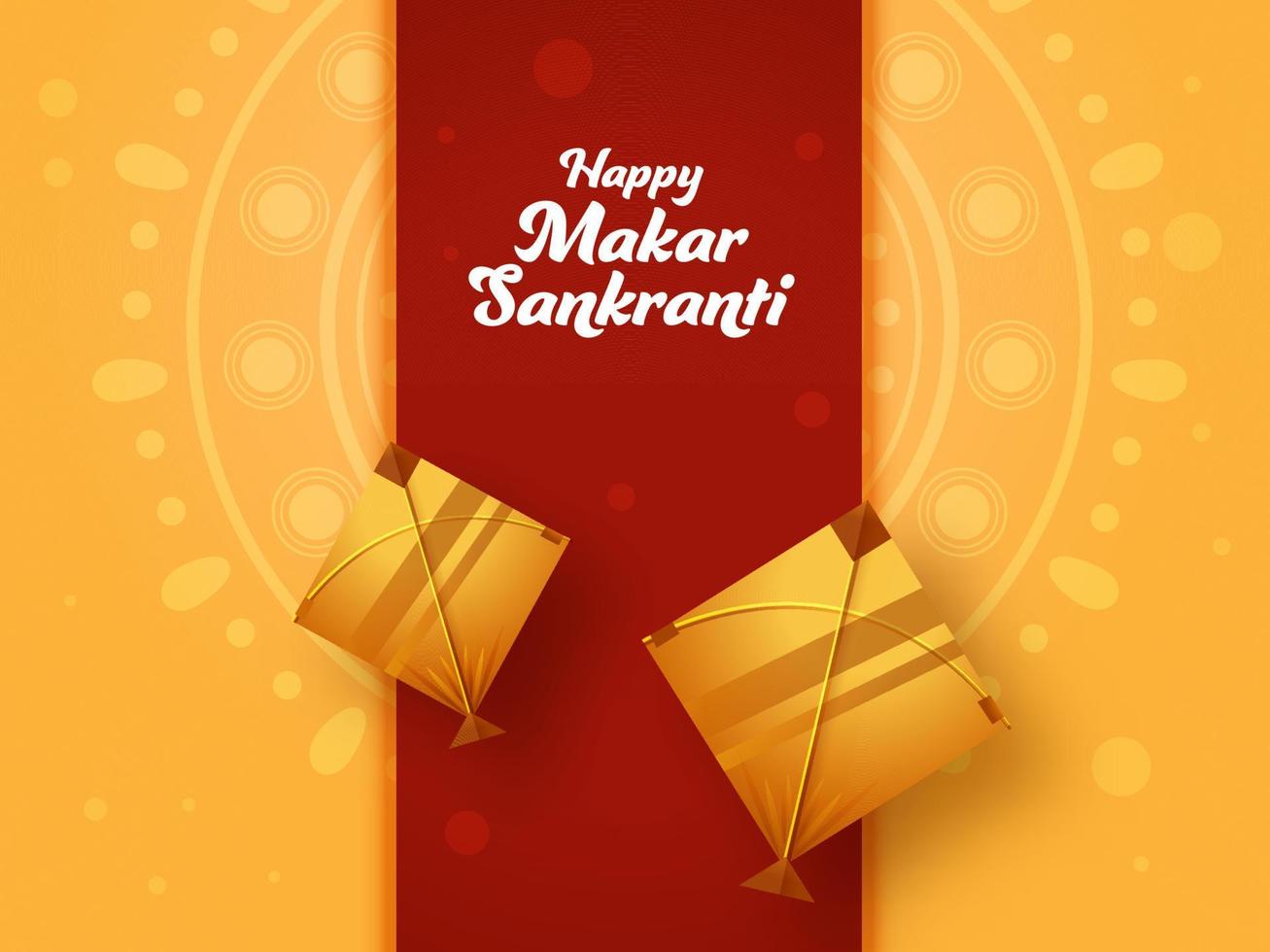 Happy Makar Sankranti Font With Golden Kites On Yellow And Red Mandala Pattern Background. vector