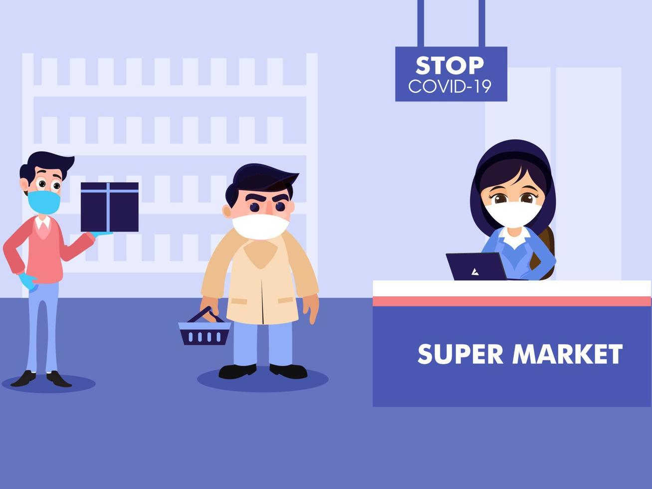 Illustration of People Maintain a Social Distance from Counter at the Supermarket with Stop Covid-19 Board. vector