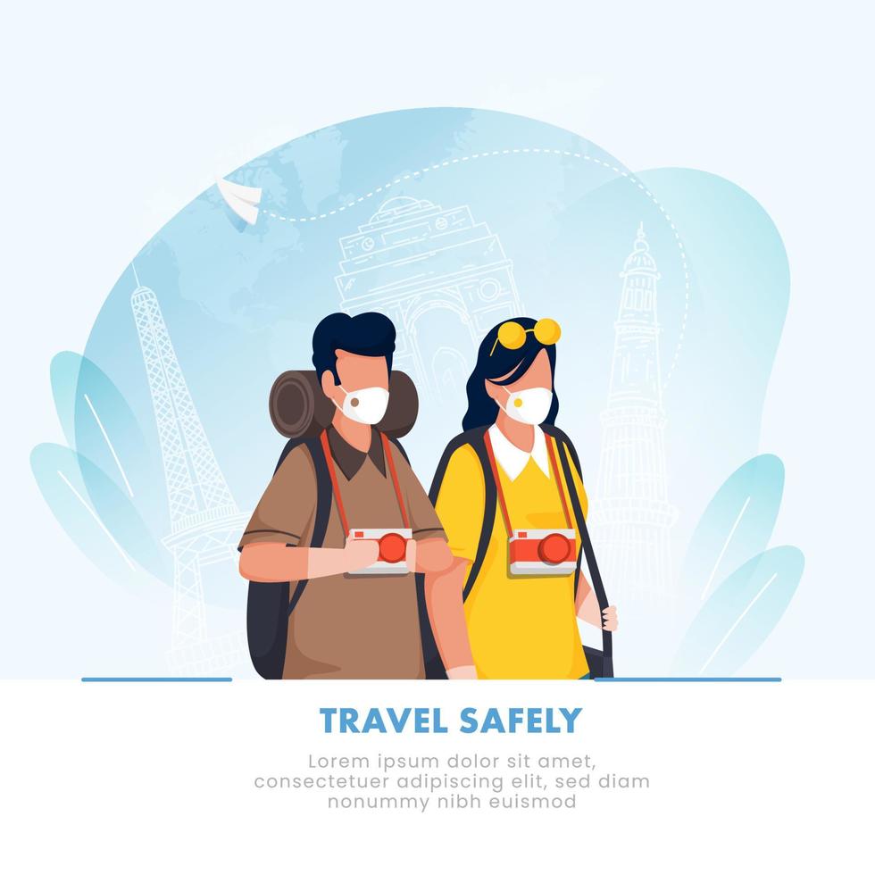 dibujos animados turista hombre y mujer vestir protector mascaras en azul línea Arte famoso monumentos antecedentes para viaje sin peligro, evitar coronavirus pandemia. vector