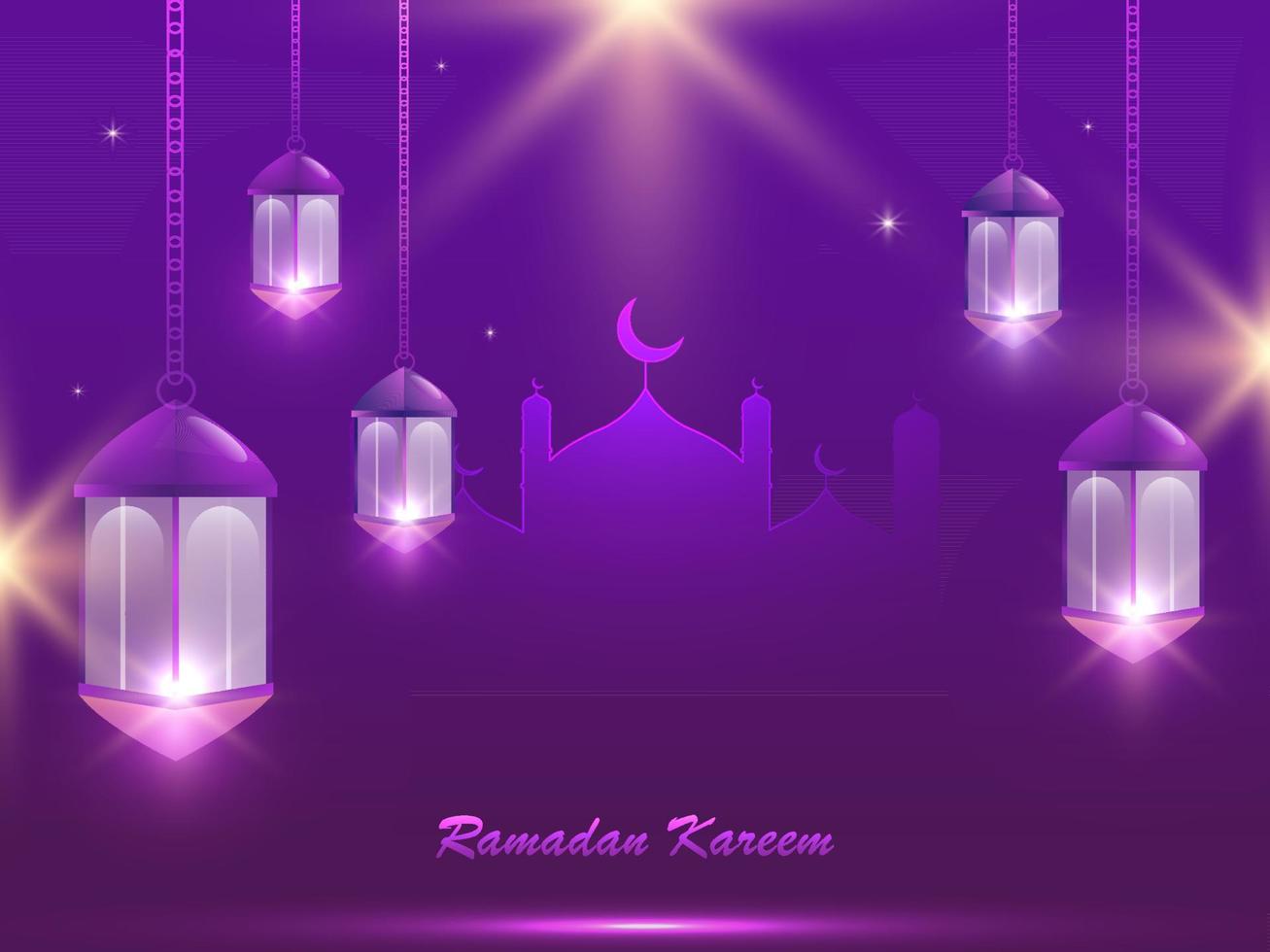 Ramadan Kareem Poster Design with Mosque and Hanging Illuminated Lanterns on Light Effect Purple Background. vector