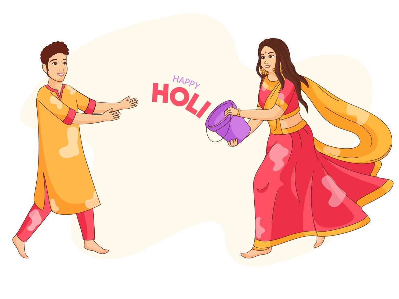 Young Boy and Girl Celebrating Festival Of Colors with Bucket on White Background for Happy Holi. vector