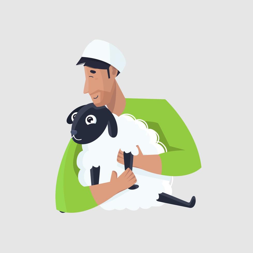 Muslim Man holding a Cartoon Sheep on Grey Background. vector