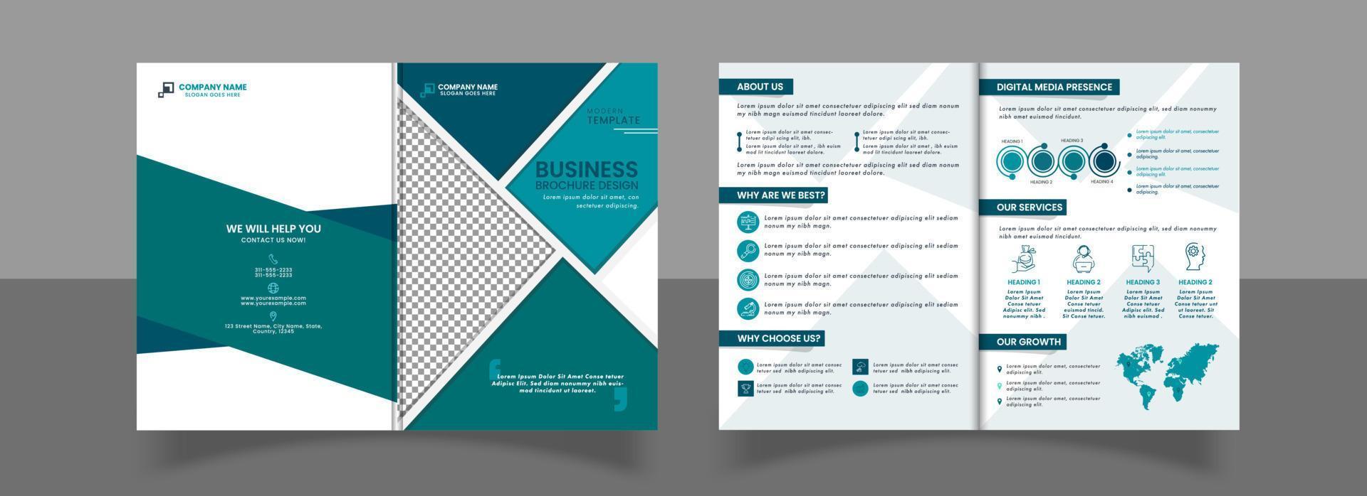 Business Bi-Fold Brochure Or Cover Design With Double-Sides Presentation. vector