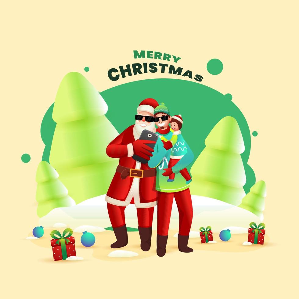 Cheerful Santa Claus Taking Selfie with Cartoon Man Holding His Son, 3d Glossy Green Xmas Trees, Gift Boxes, Baubles and Snowy on Pastel Yellow Background for Merry Christmas Celebration. vector