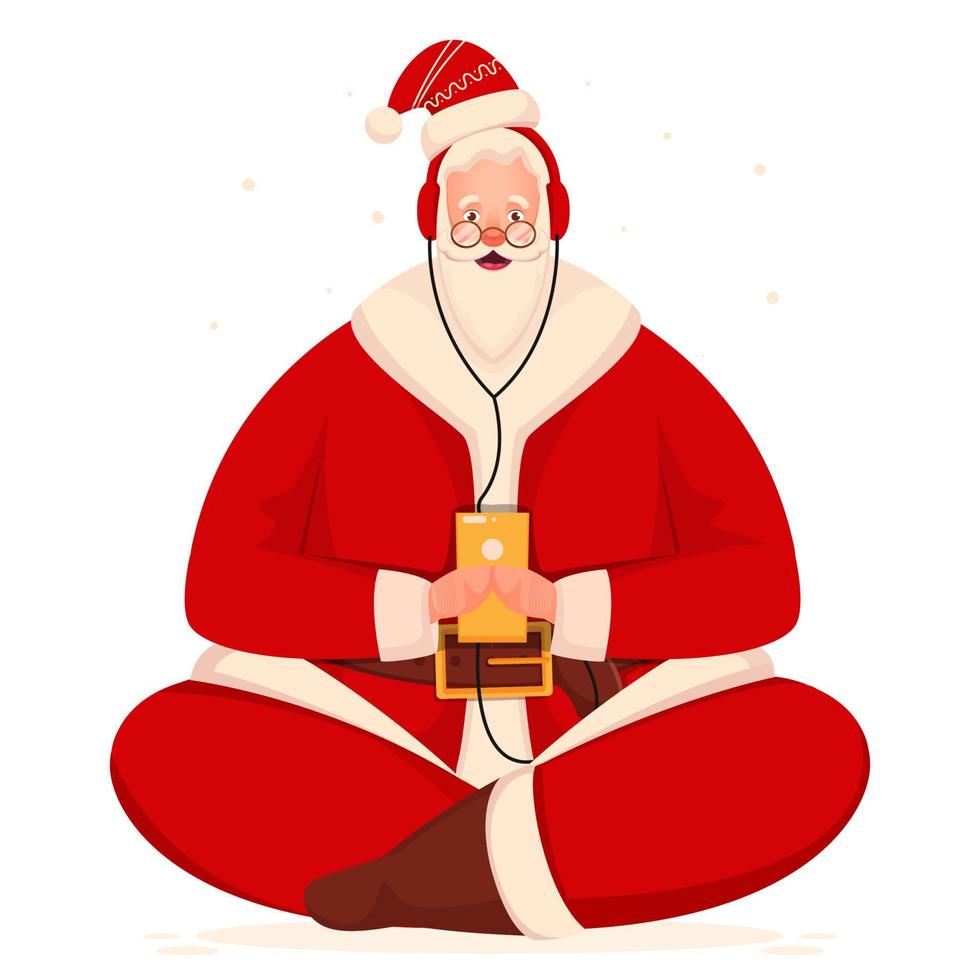 Santa Claus holding smartphone and listen to music from headphone on white background. vector