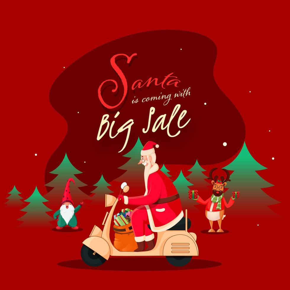 Christmas Big Sale Poster Design with Illustration of Cheerful Santa Riding Scooter, Reindeer, Gnome Character and Xmas Trees on Red Background. vector