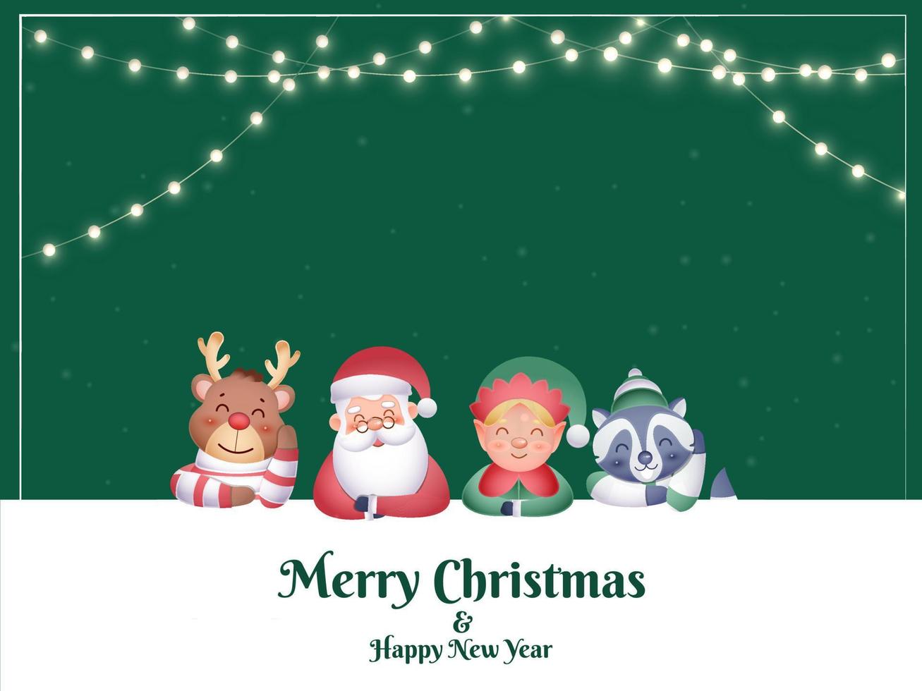 Merry Christmas And New Year Concept With Cartoon Santa Claus, Reindeer, Elf, Raccoon Character On Green And White Background. vector