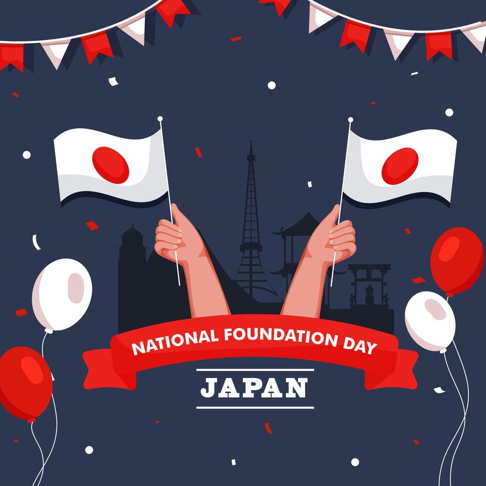 Japan National Foundation Day Concept With Hand Holding Flags, Balloons And Silhouette Japanese Famous Monuments On Blue Background. vector