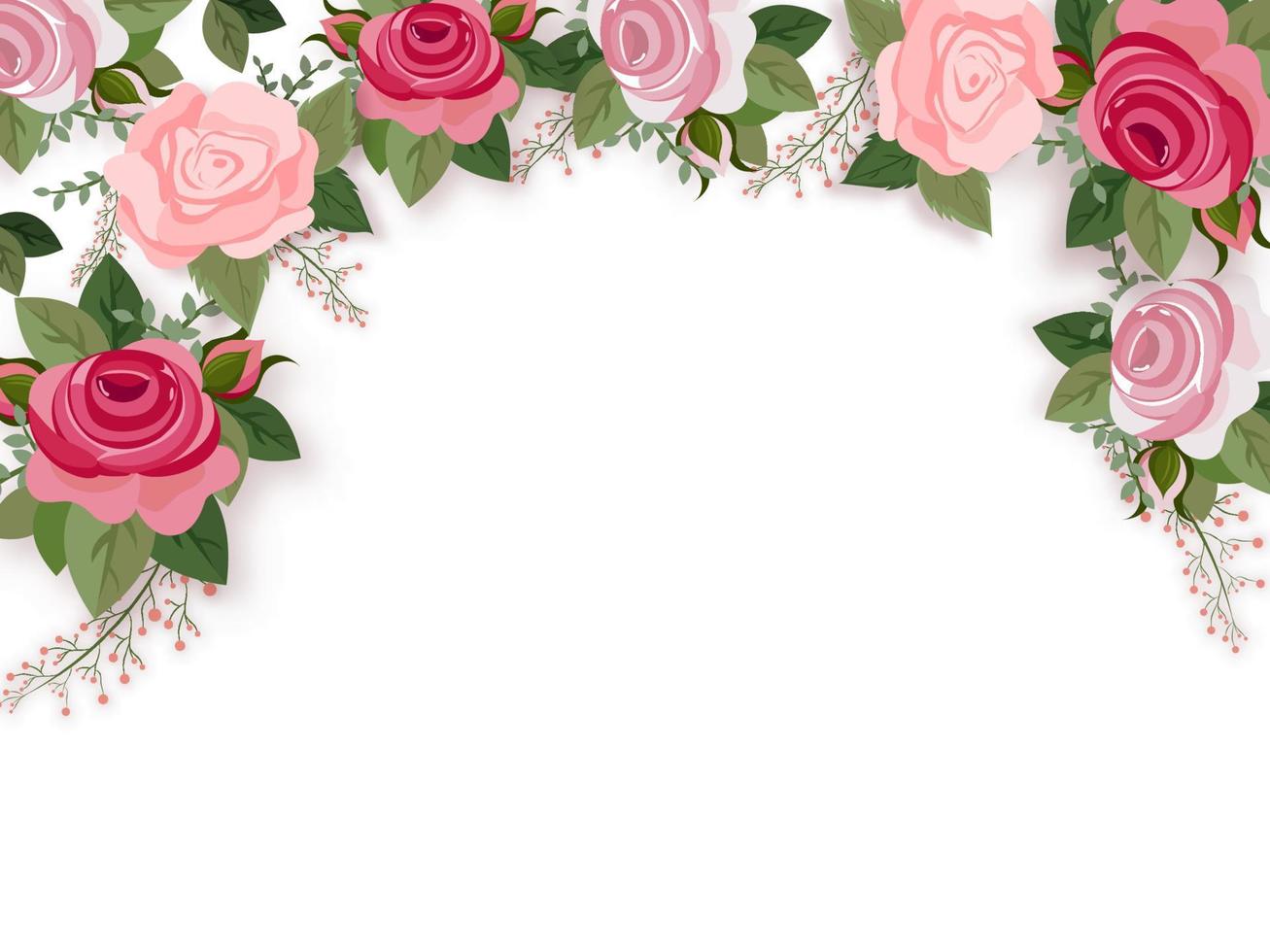 Rose Flowers with Green Leaves Decorated on White Background. vector