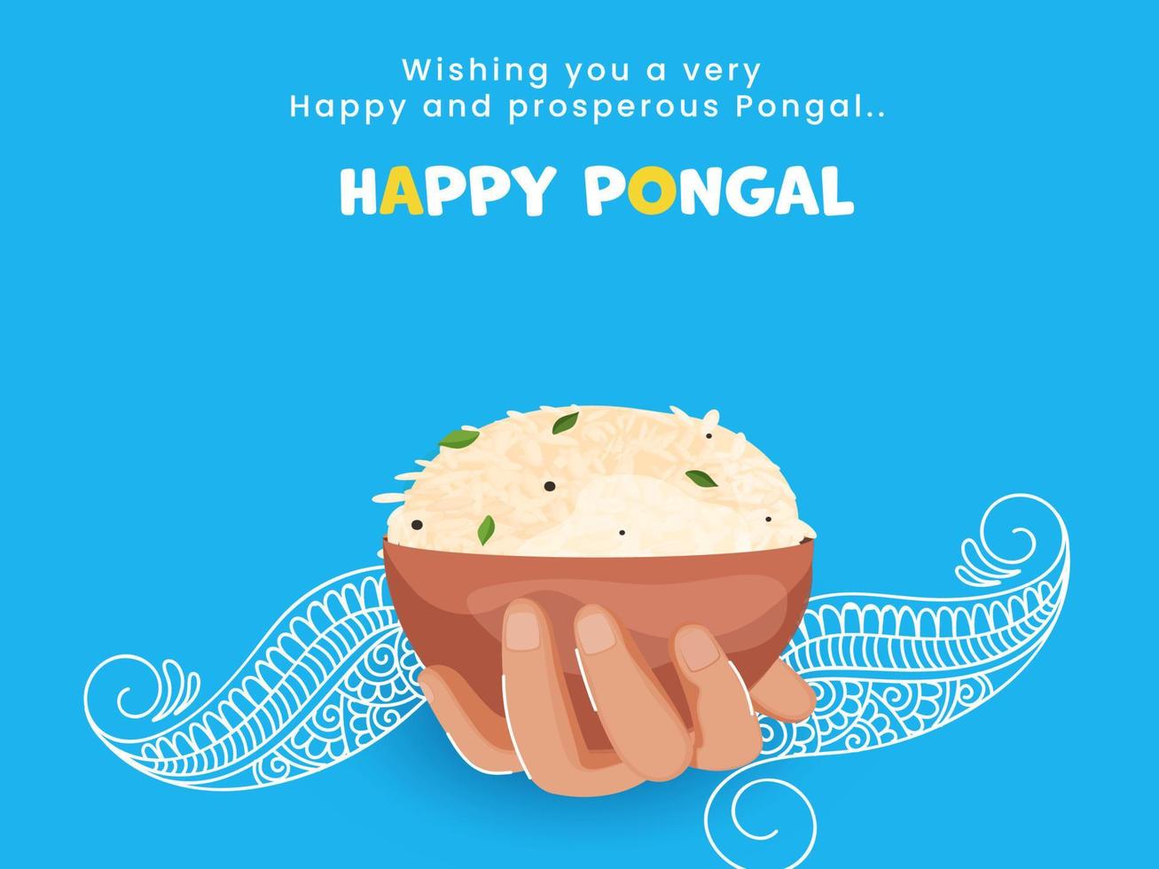 Happy Pongal Wishing Card Or Poster Design With Hand Holding Rice Bowl And Line Art Floral On Blue Background. vector