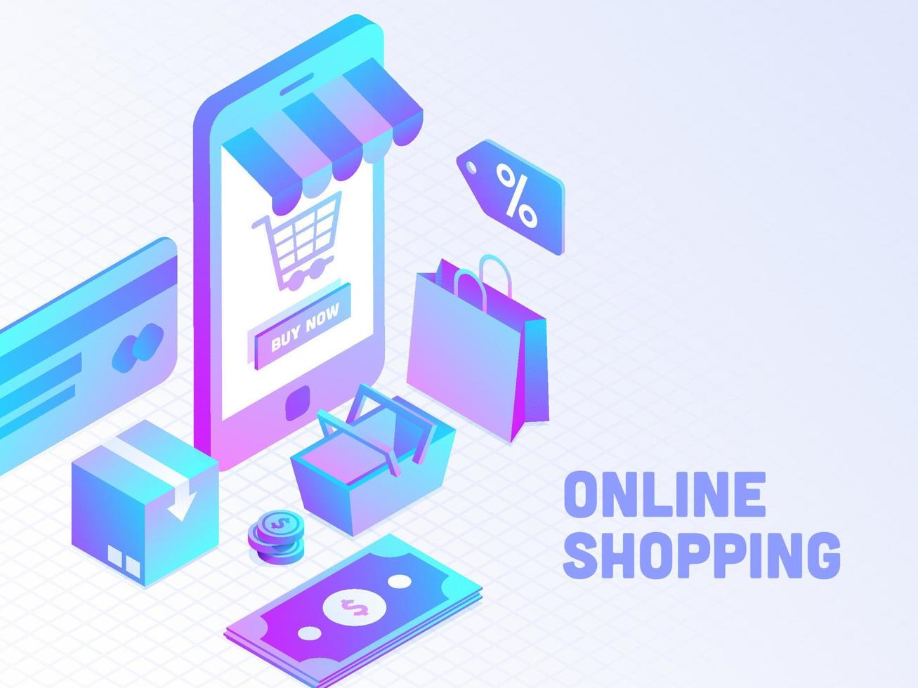 Online Shopping App in 3D Smartphone with Percentage Tag, Carry Bag, Basket, Parcel, Cash and Payment Card on White Grid Background. vector