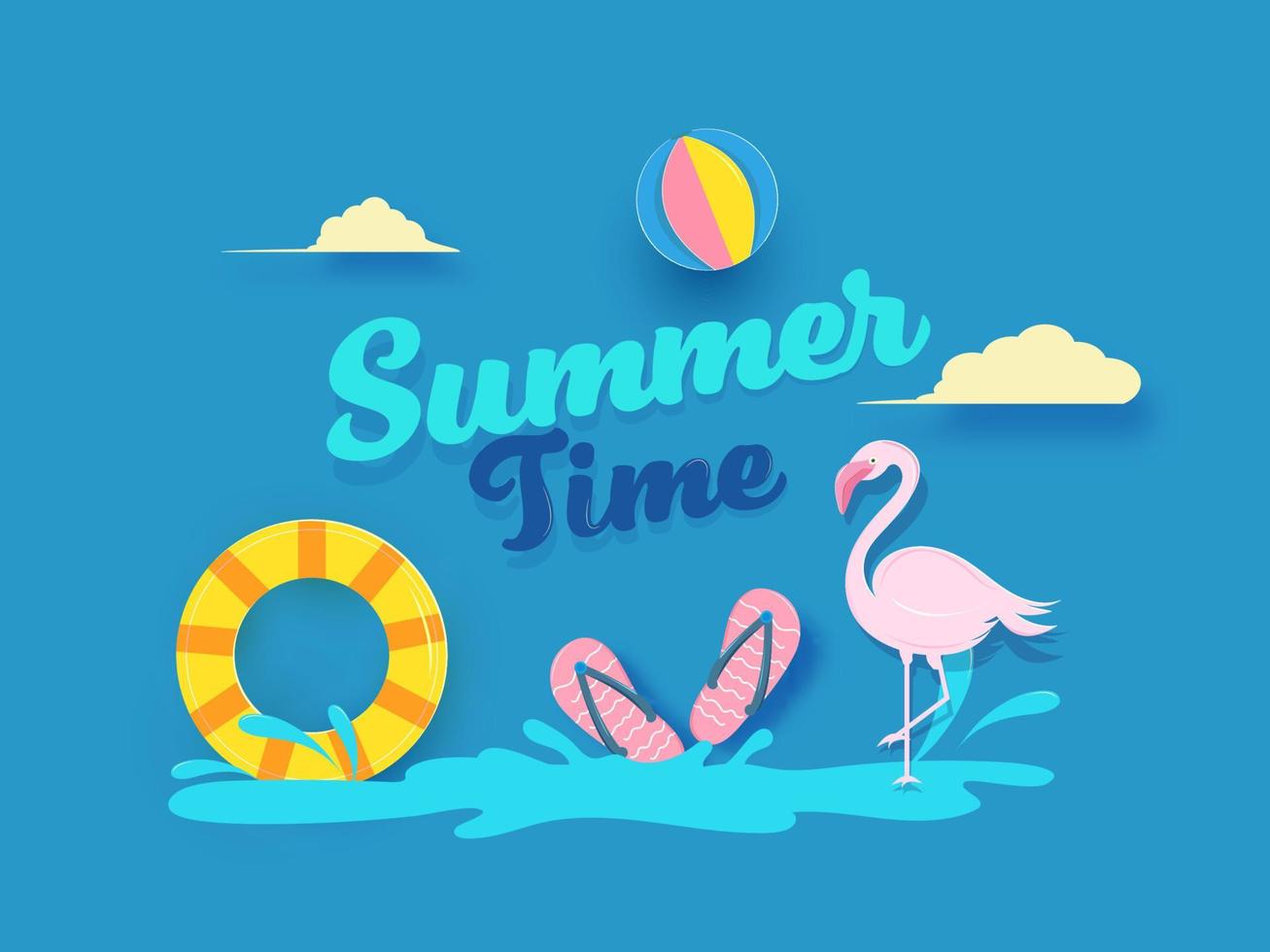 Paper Cut Summer Time Text with Heron Bird, Swimming Ring, Beach Ball and Slippers on Blue Background. vector