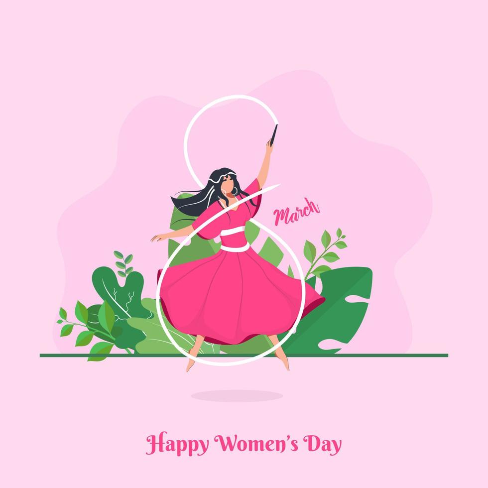 Young Girl forming 8 Number from Gymnastics Ribbon Stick with Green Leaves on Pink Background for Happy Women's Day Celebration. vector