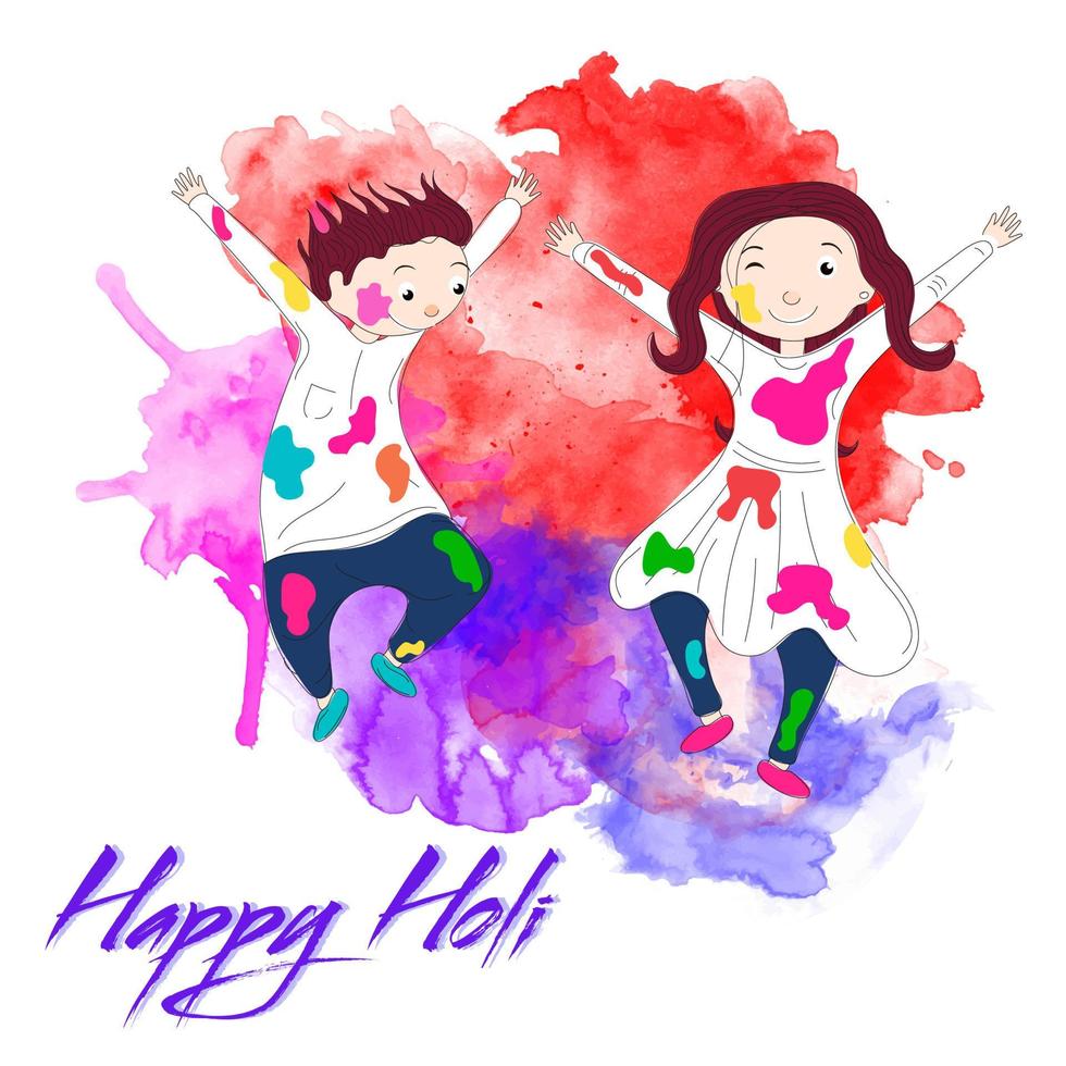 Cute Boy and Girl Celebrating Holi Festival on Watercolor Effect Background. vector