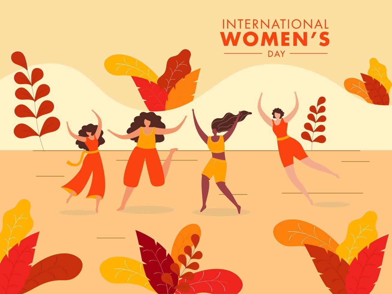 dibujos animados joven muchachas bailando o disfrutando con vistoso hojas decorado en naranja pastel antecedentes para internacional De las mujeres día celebracion. vector