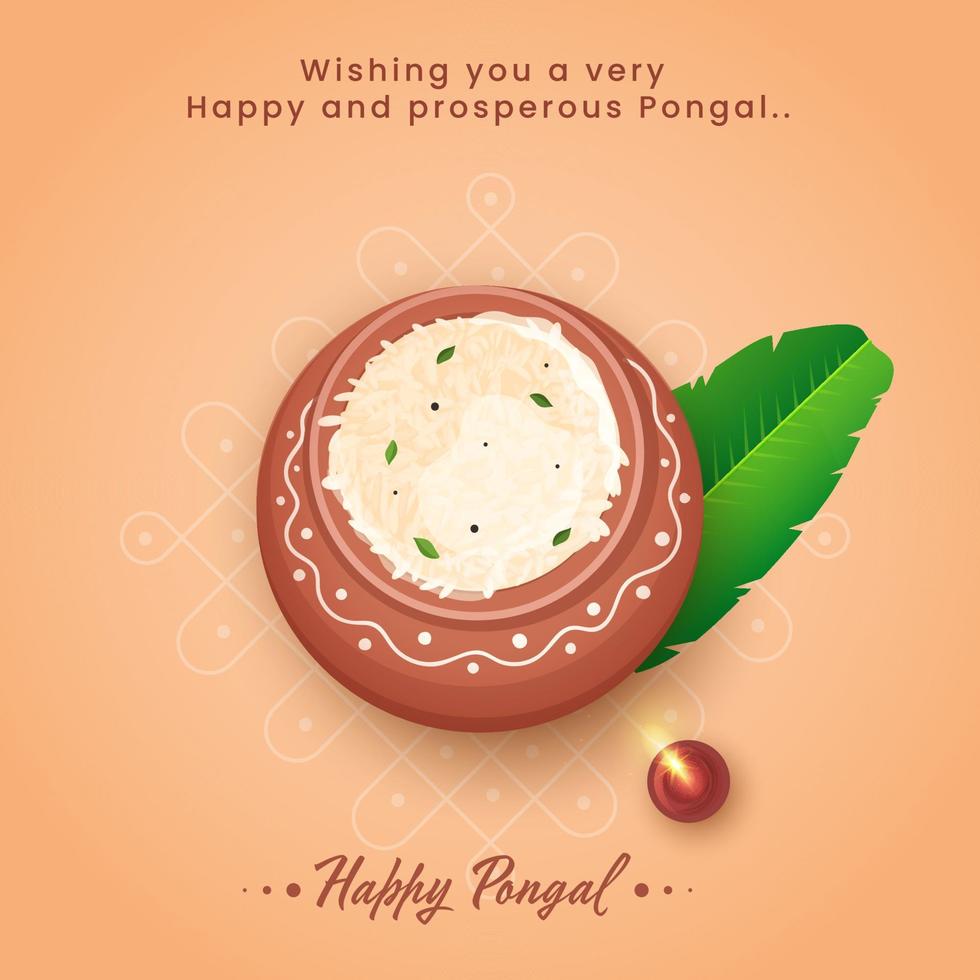 contento pongal celebracion saludo tarjeta con parte superior ver de arroz barro maceta, plátano hoja, iluminado petróleo lámpara en pastel naranja antecedentes. vector