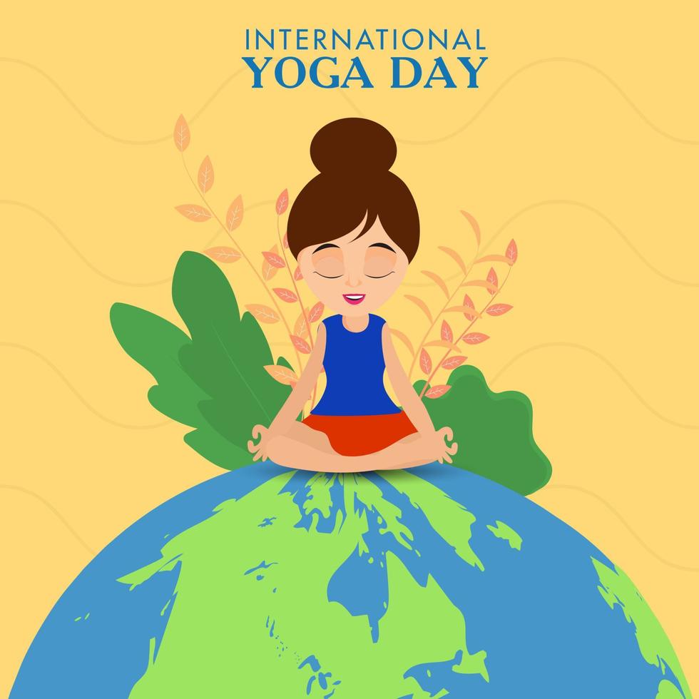 International Yoga Day Concept with Beautiful Girl Meditation Sitting on Eco Globe Yellow Background. vector