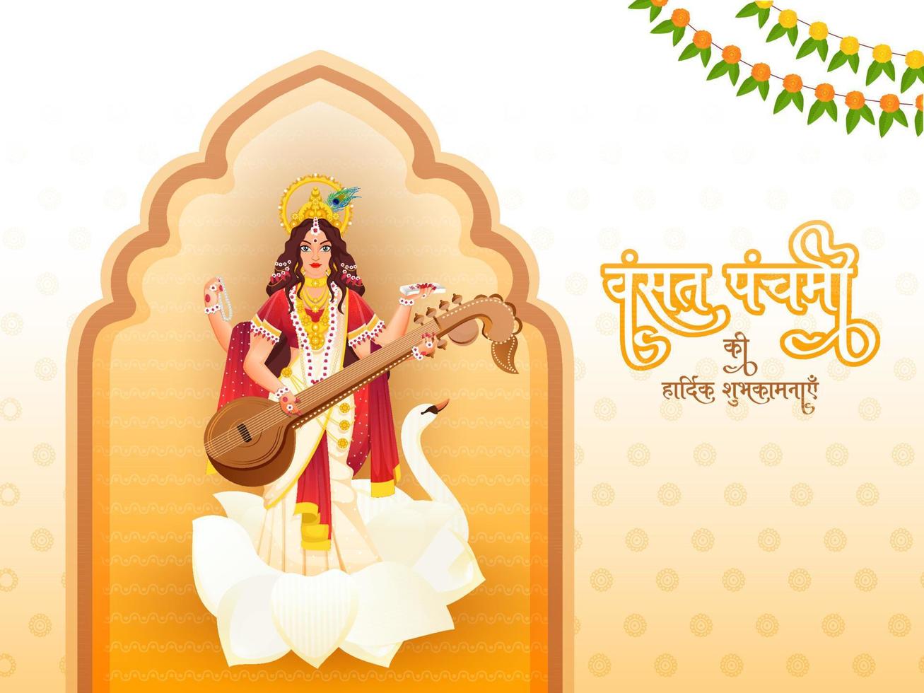 Best Wishes Of Vasant Panchami Hindi Text With Goddess Saraswati Sculpture On Orange And White Background. vector