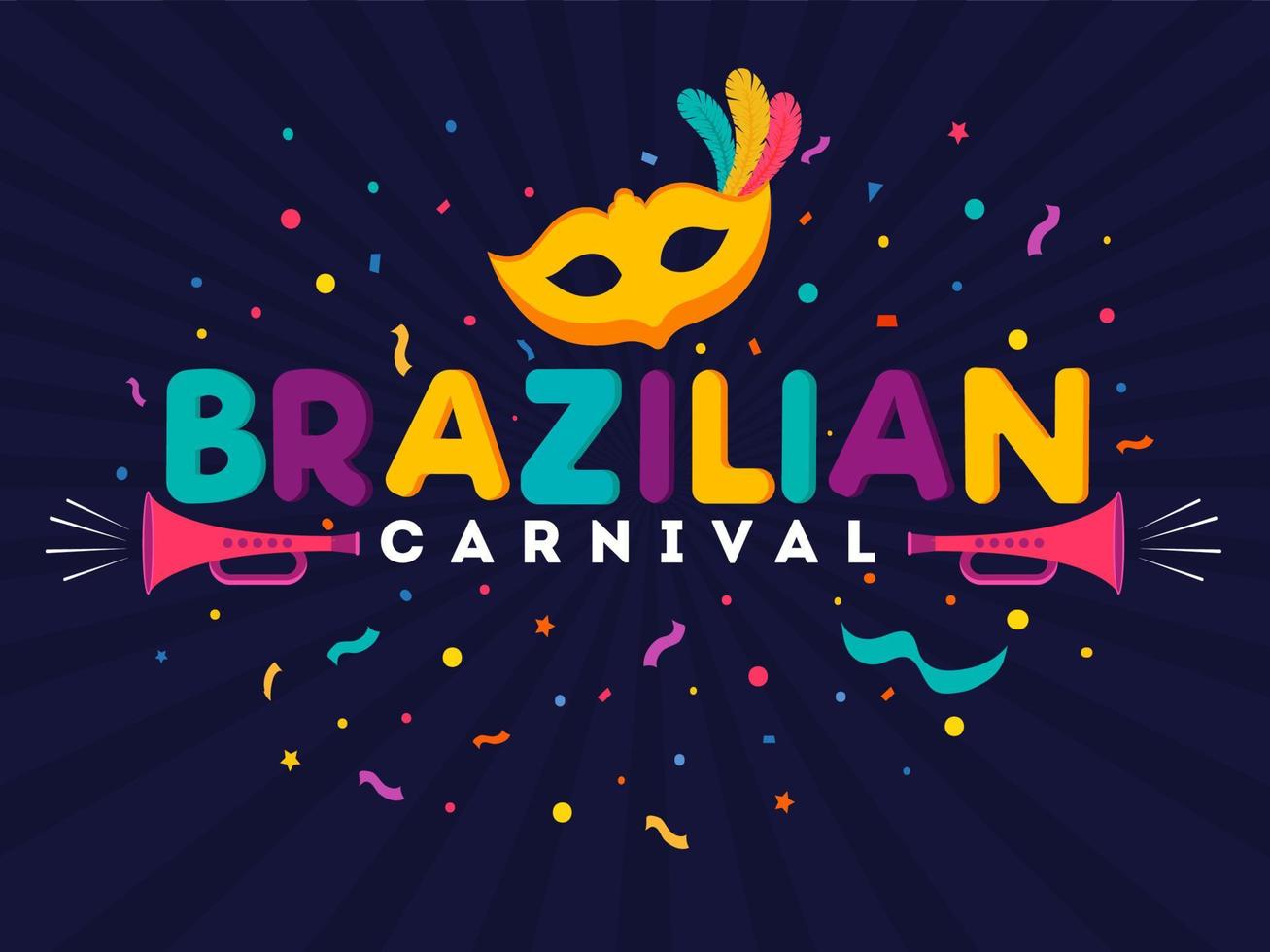 Colorful Brazilian Carnival Text with Party Mask, Trumpet and Confetti Decorated on Blue Rays Background. vector