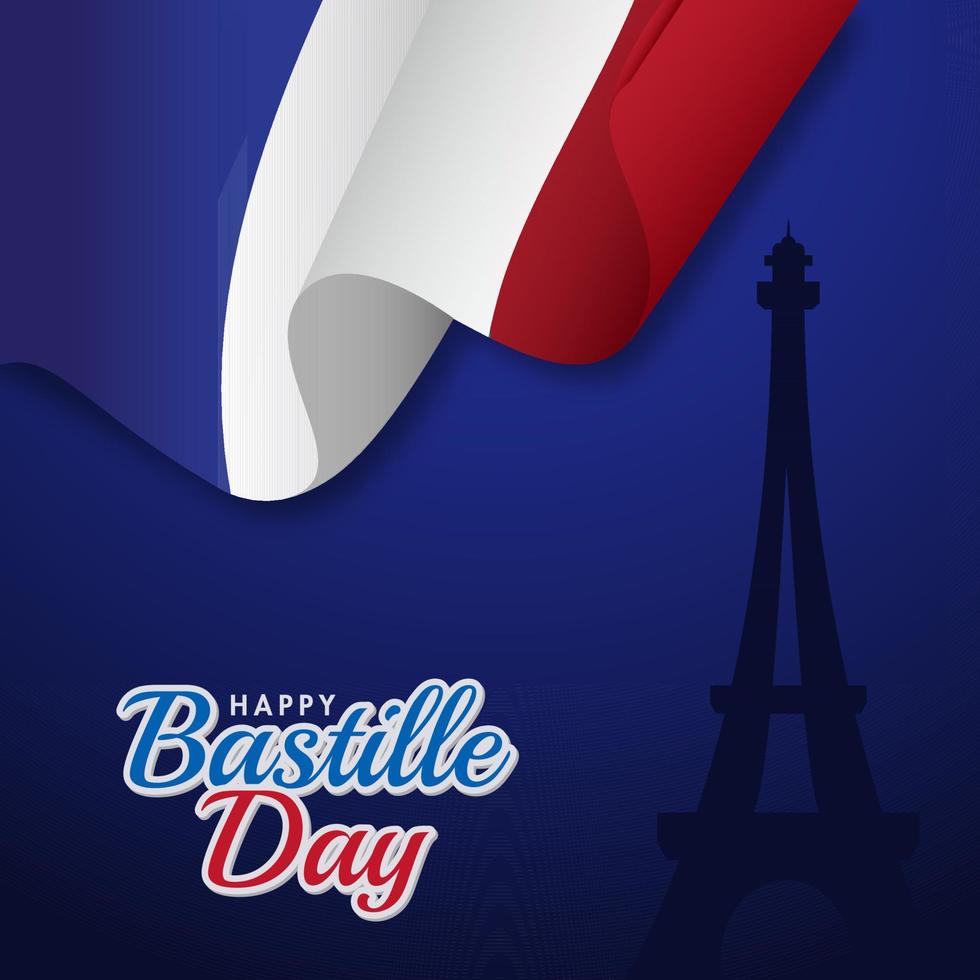 Sticker Style Happy Bastille Day Font with Wavy France Flag on Blue Silhouette Eiffel Tower Background. vector