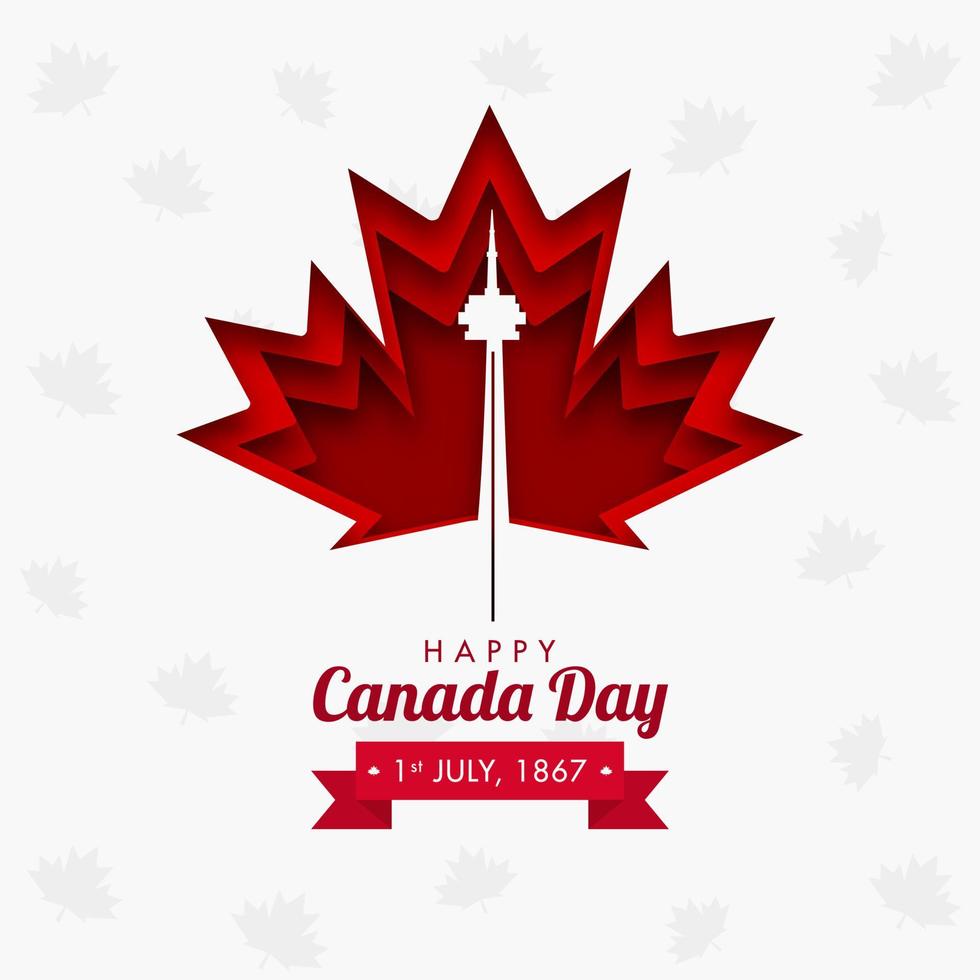 1st July, 1867 Happy Canada Day Concept with Paper Layer Cut Maple Leaf and CN Tower on White Background. vector