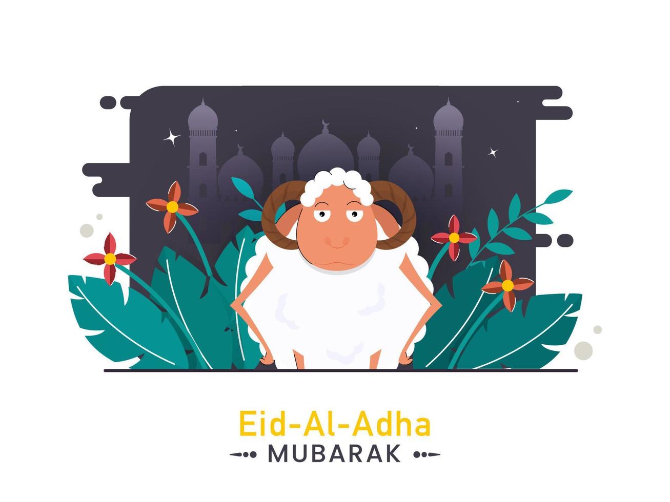 Eid-Al-Adha Mubarak Poster Design with Cartoon Sheep and Floral Nature View on Abstract Mosque Background. vector