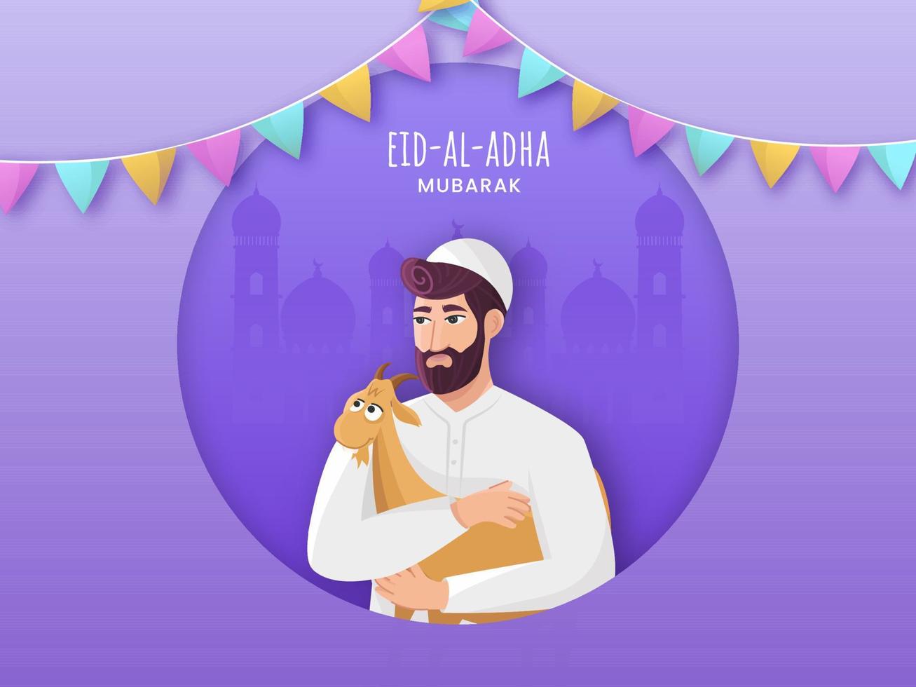 Eid al-Adha Mubarak concepto con musulmán hombre participación un cabra en púrpura papel cortar circulo forma mezquita antecedentes. vector