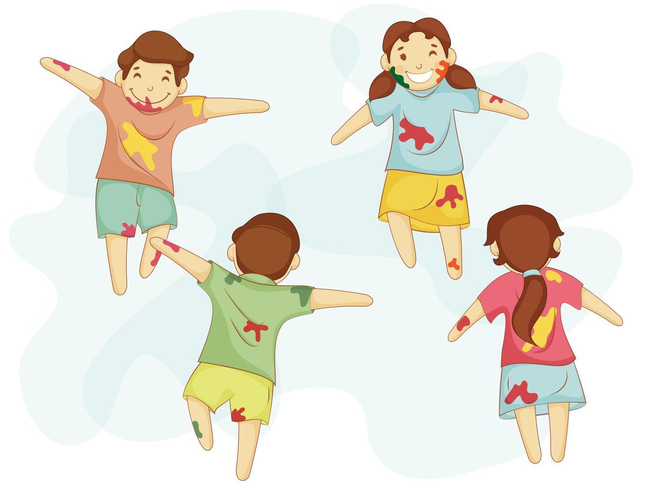 Happy Kids Character Celebrating Holi Festival on White Background. vector