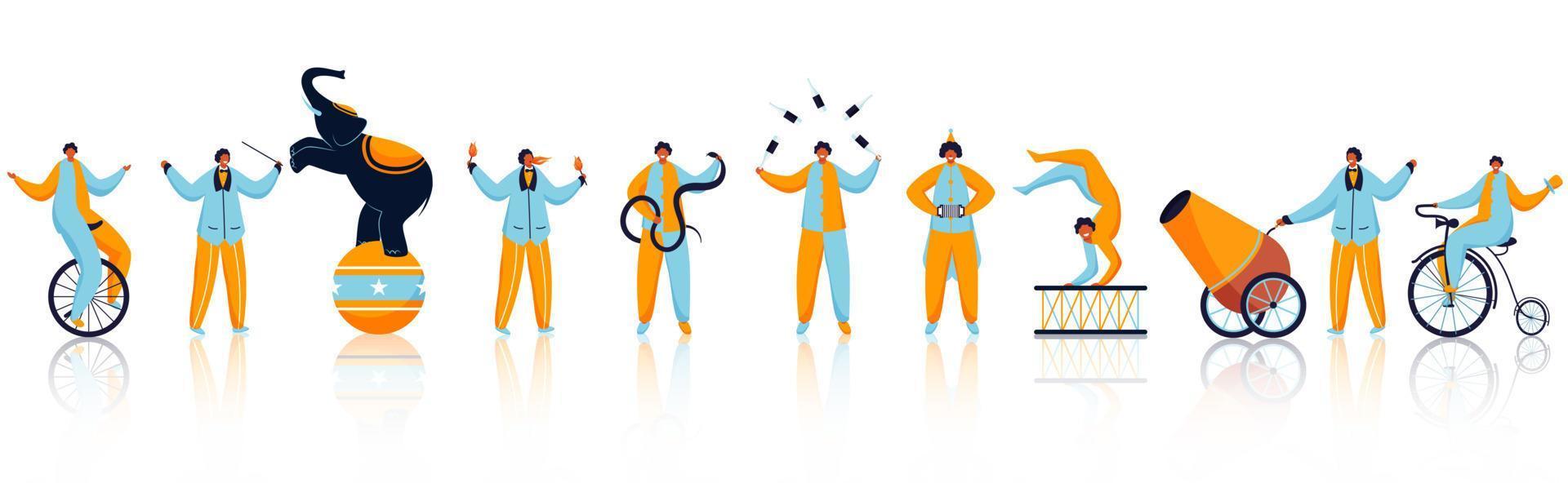 Circus Stuntmen or Men Characters performing in Different Types with Elephant. vector