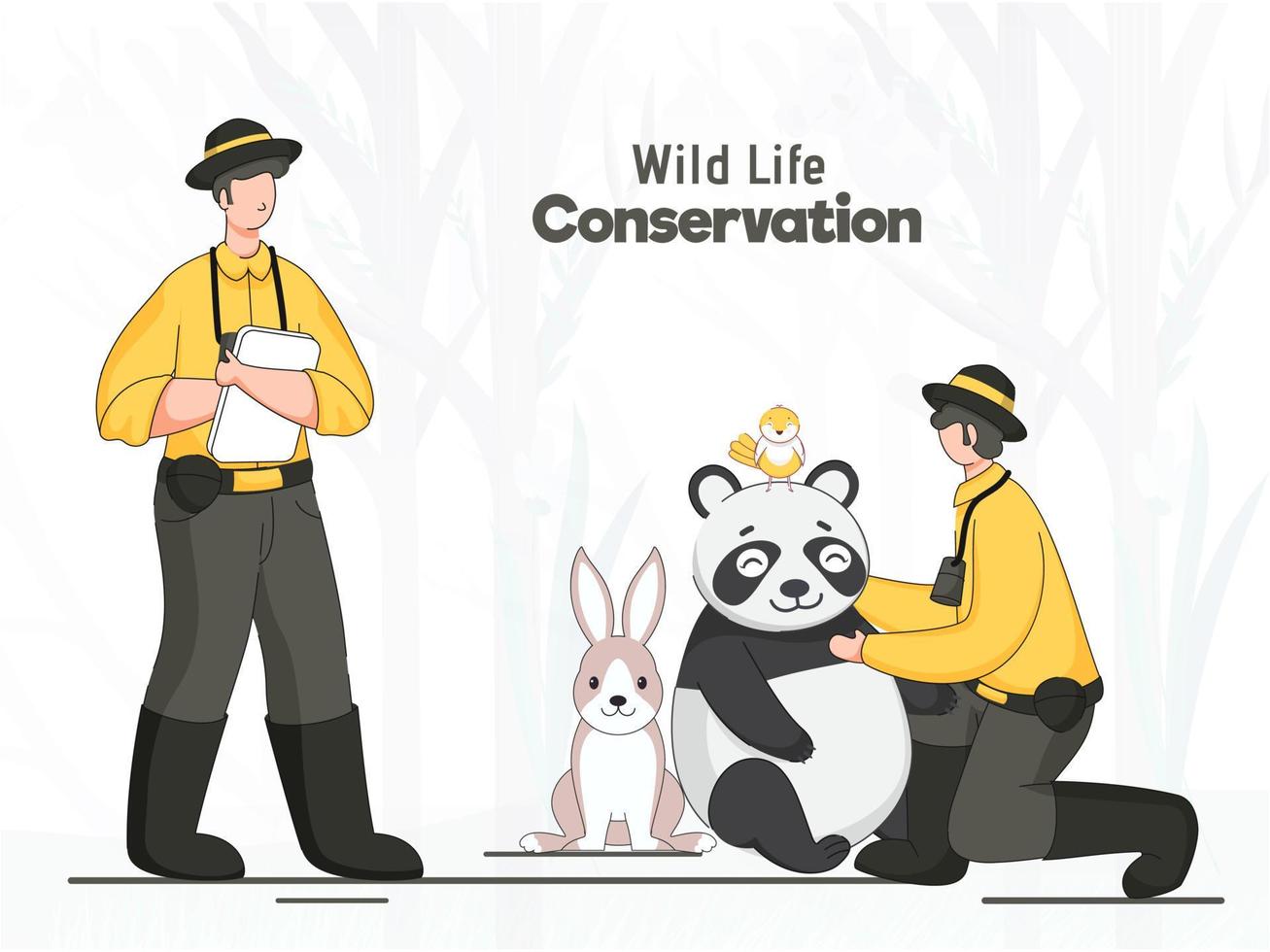 dibujos animados bosque Guardia hombres cuidando animales tal como conejo, panda, polluelo pájaro para fauna silvestre conservación concepto. vector