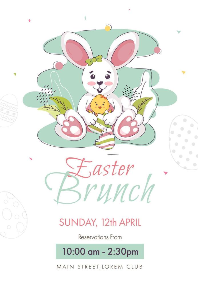 Easter Brunch Invitation, Template or Flyer Design with Cartoon Bunny holding Chick Bird and Event Details. vector
