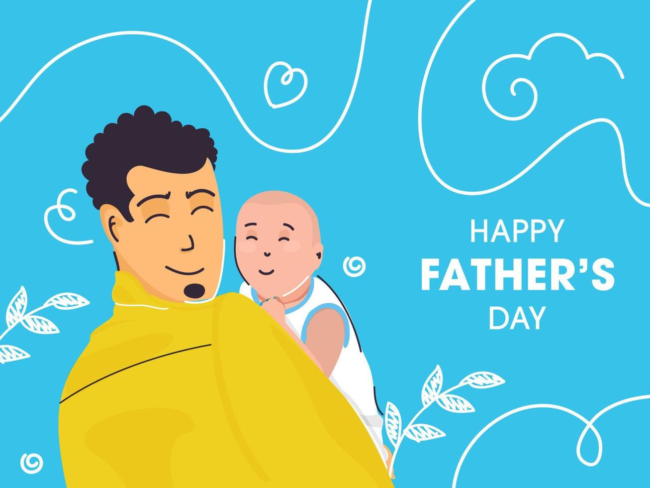 Illustration of Man Holding Baby in His Arms with Sketching Leaves on Blue Background for Happy Father's Day Concept. vector