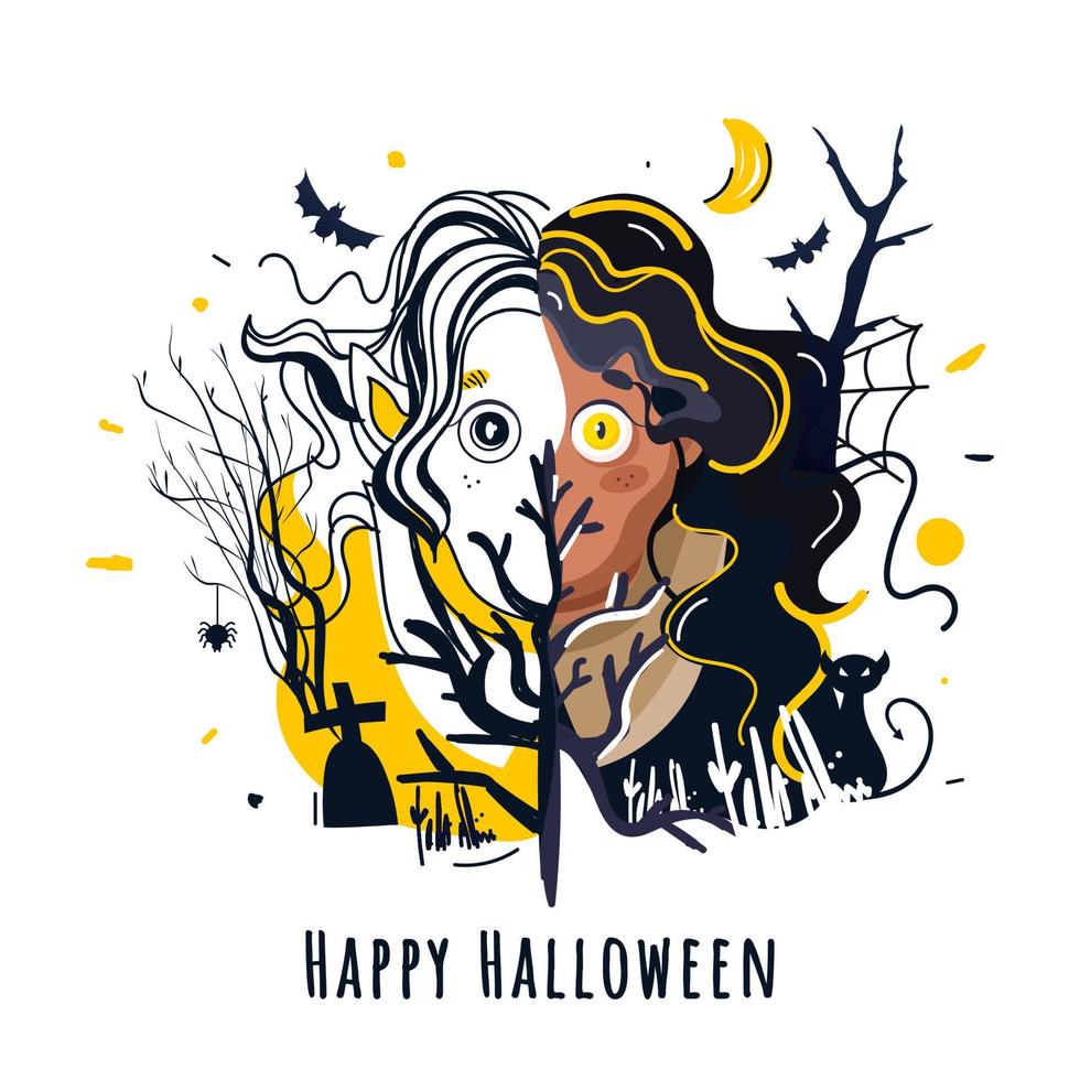Illustration of Cartoon Witch or Female Ghost with Graveyard View on White Background for Happy Halloween Celebration. vector