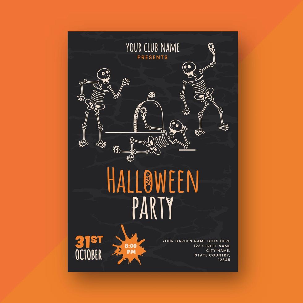Halloween Party Invitation Card or Flyer Design with Dancing Skeletons on Black Background. vector