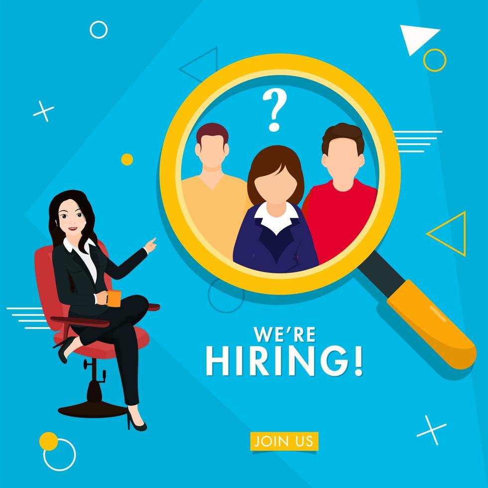 Business Woman Searching Employee a Talented Person on Blue Background for We're Hiring, Job Vacancy. vector