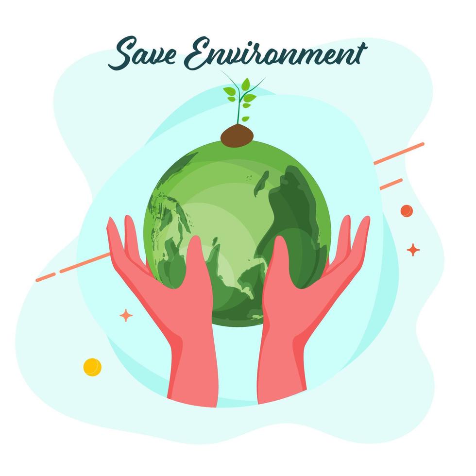 Save Environment Concept with Human Hands Protecting Earth Globe and Plant on Sky Blue and White Background. vector