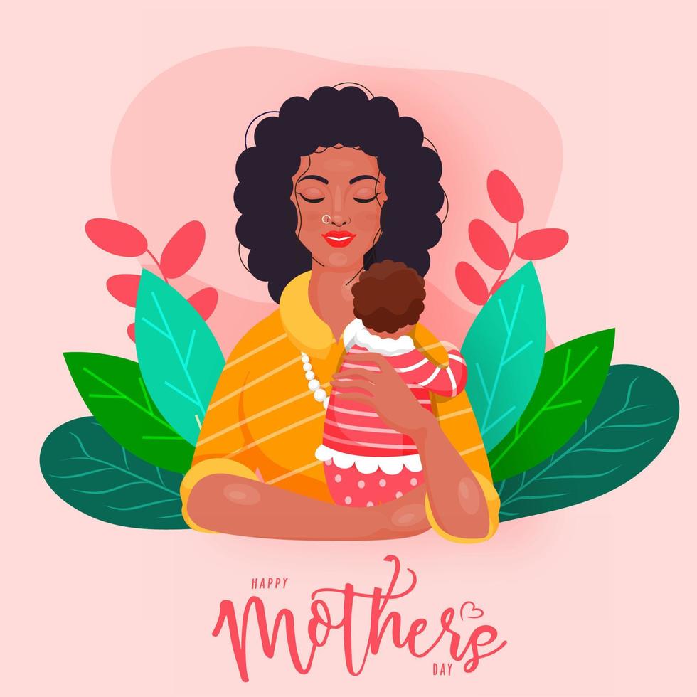 Young Woman Hugging Her Infant and Leaves on Pastel Pink Background for Happy Mother's Day Concept. vector