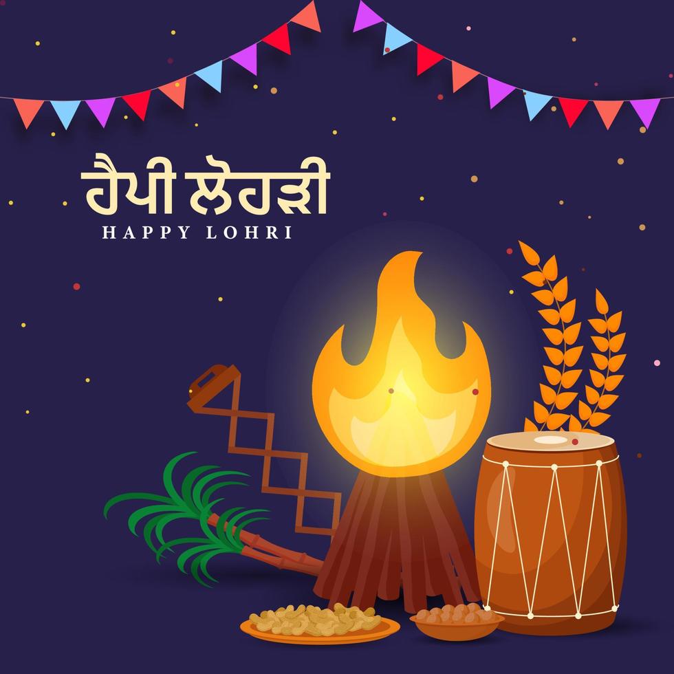 contento lohri texto escrito en punjabi idioma con festival elementos en azul antecedentes. vector