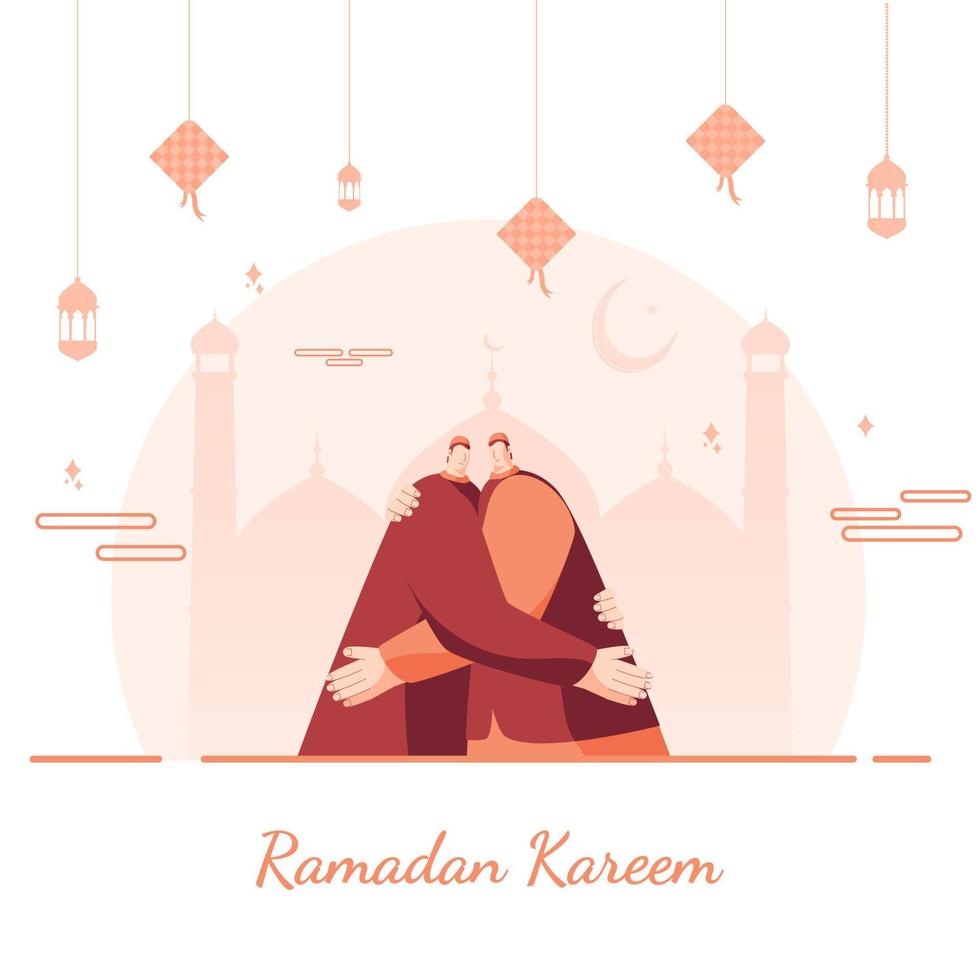 Cartoon Muslim Men Hugging Each Other with Silhouette of Mosque, Hanging Lanterns and Ketupat on White Background for Ramadan Kareem Celebration. vector