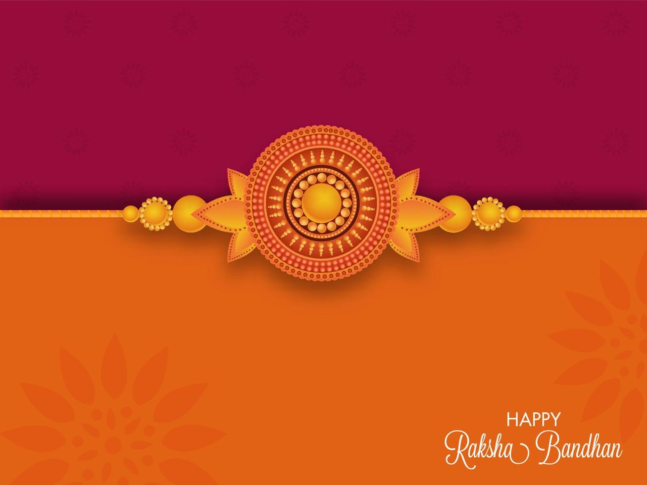 Happy Raksha Bandhan Greeting Card with Beautiful Pearl Rakhi on Dark Pink and Orange Background. vector