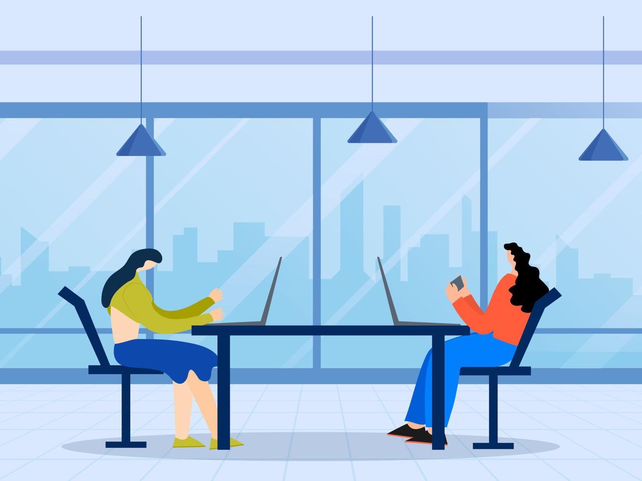 Faceless Two Women Using Laptop And Smartphone At Table With Maintaining Social Distance On Blue Background. vector