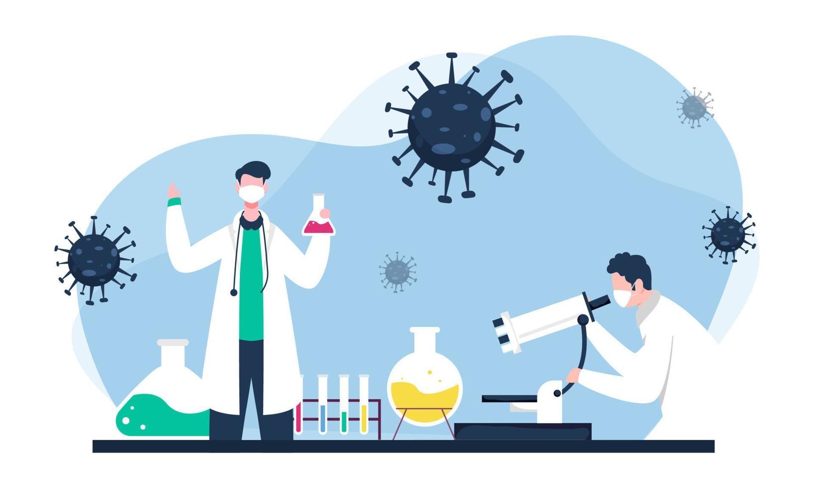 Faceless Character Of Virologist Or Doctors Research Vaccine In Lab For Covid-19 Illness. vector