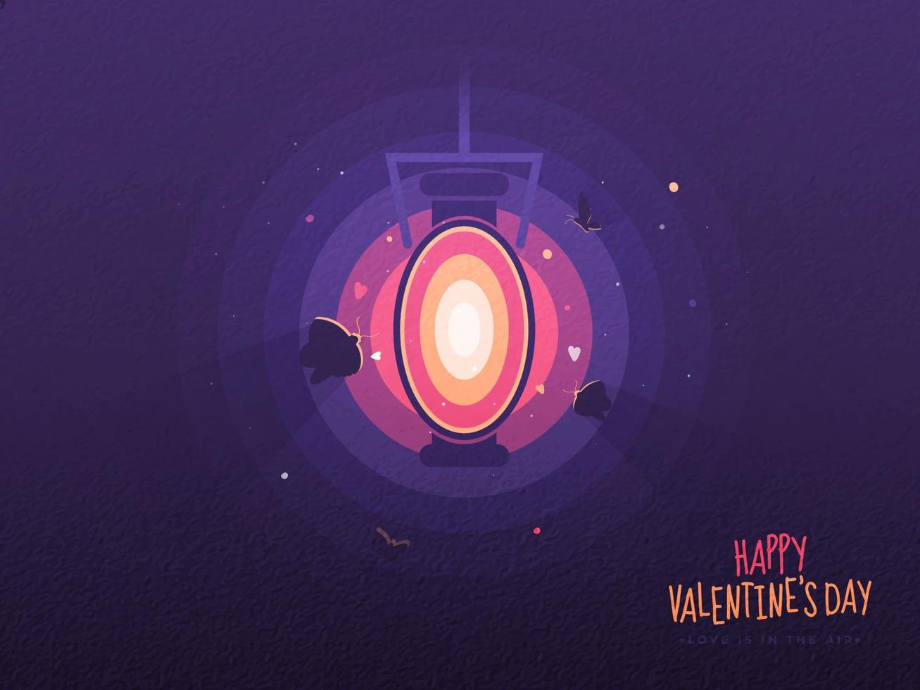 Butterflies Attracted to Illuminated Lantern Hang on Purple Foil Texture Background for Happy Valentine's Day Concept. vector