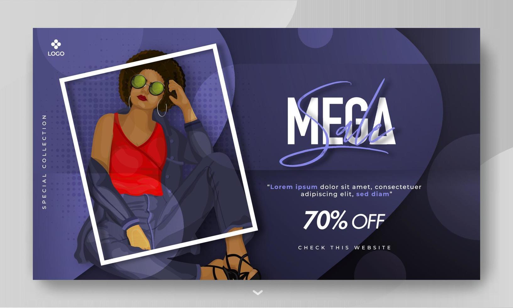 Mega Sale banner design with 70 discount offer and modern woman character on blue abstract background. vector